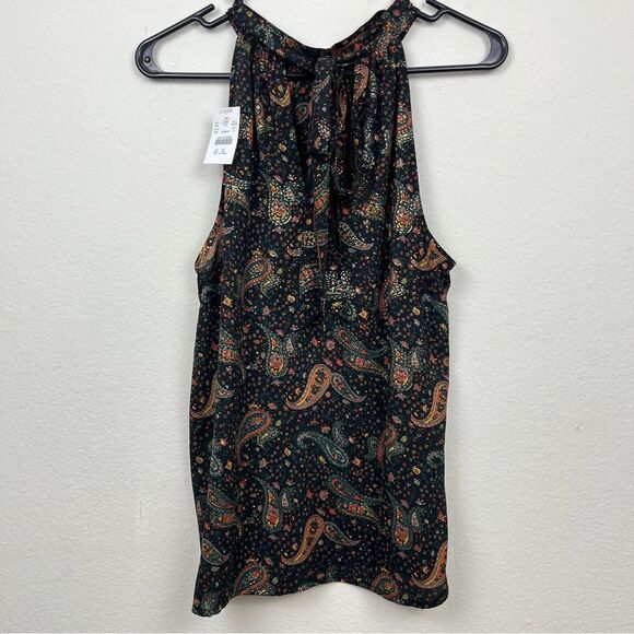 J. Crew Paisley Metallic Print Black Tie Neck Sleeveless Blouse Top- Size 2 NWTs - Picture 4 of 7